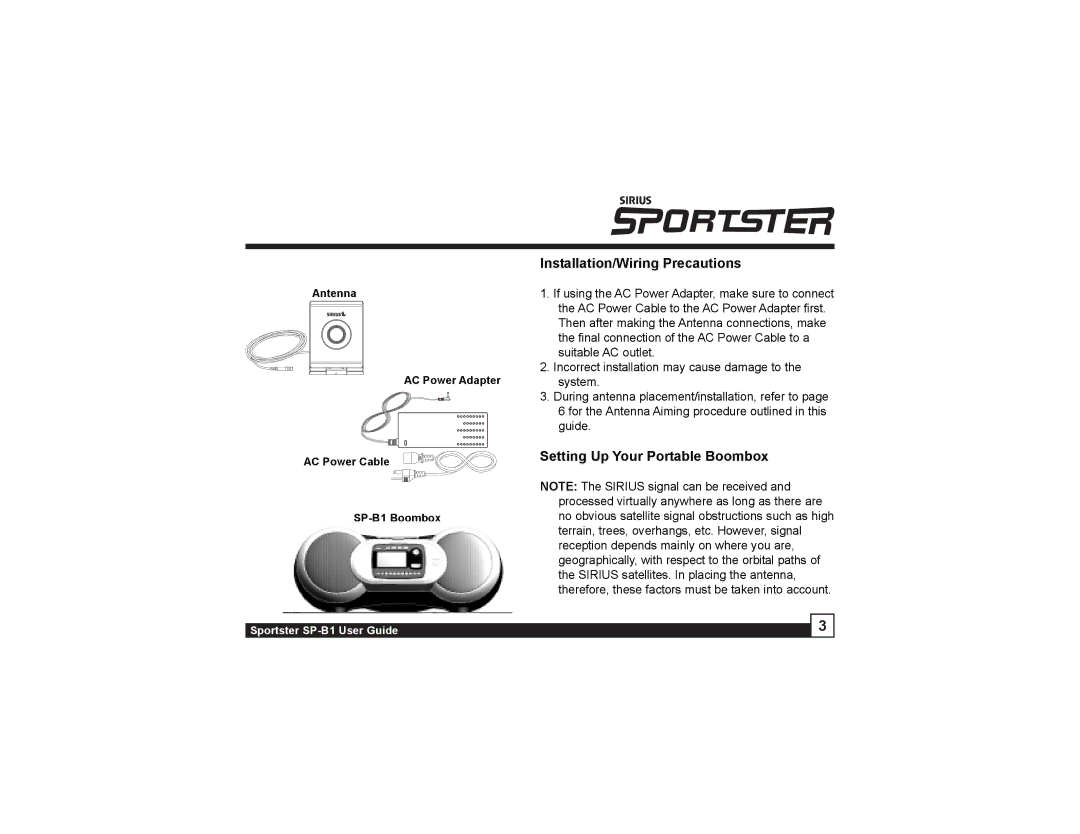 Sirius Satellite Radio SP-B1 manual Installation/Wiring Precautions, Setting Up Your Portable Boombox 