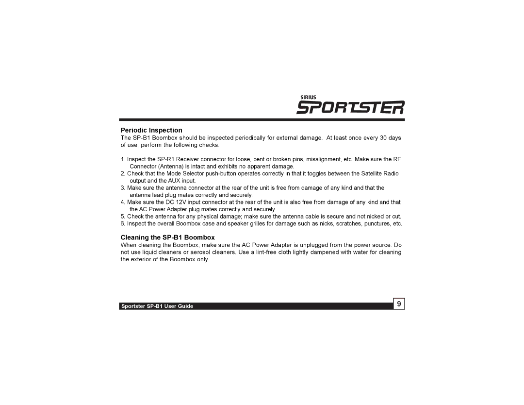 Sirius Satellite Radio manual Periodic Inspection, Cleaning the SP-B1 Boombox 