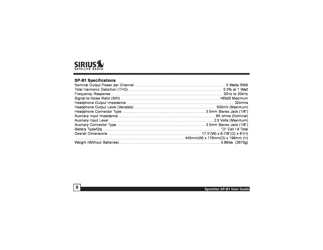 Sirius Satellite Radio manual SP-B1 Specifications 