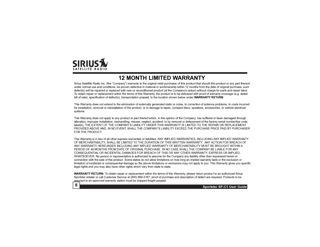 Sirius Satellite Radio SP-C1 manual Month Limited Warranty 