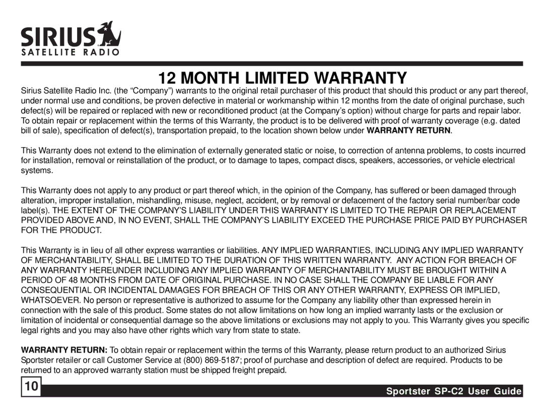 Sirius Satellite Radio SP-C2 manual Month Limited Warranty 