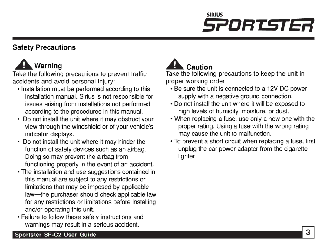 Sirius Satellite Radio SP-C2 manual Safety Precautions 