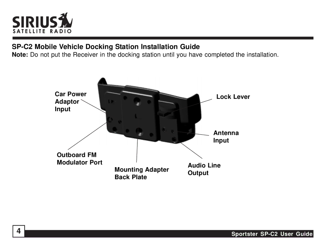 Sirius Satellite Radio manual SP-C2 Mobile Vehicle Docking Station Installation Guide 