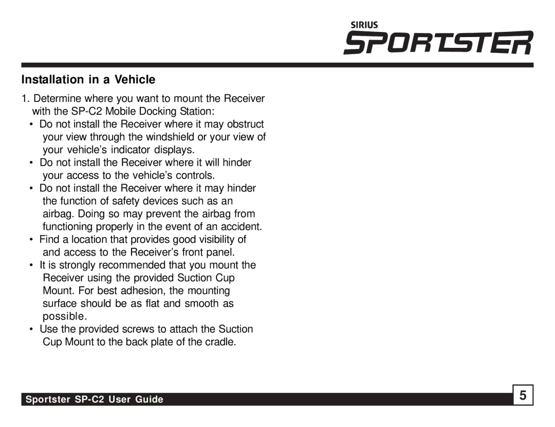 Sirius Satellite Radio SP-C2 manual Installation in a Vehicle 