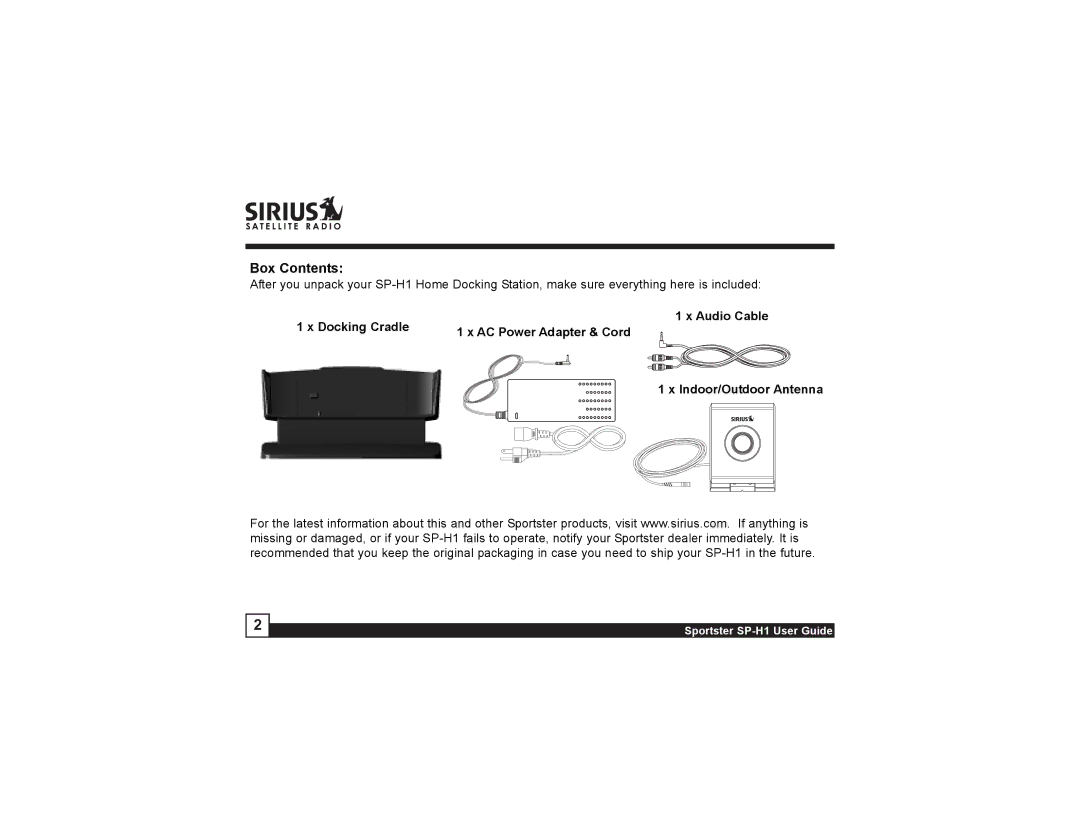 Sirius Satellite Radio SP-H1 manual Box Contents 