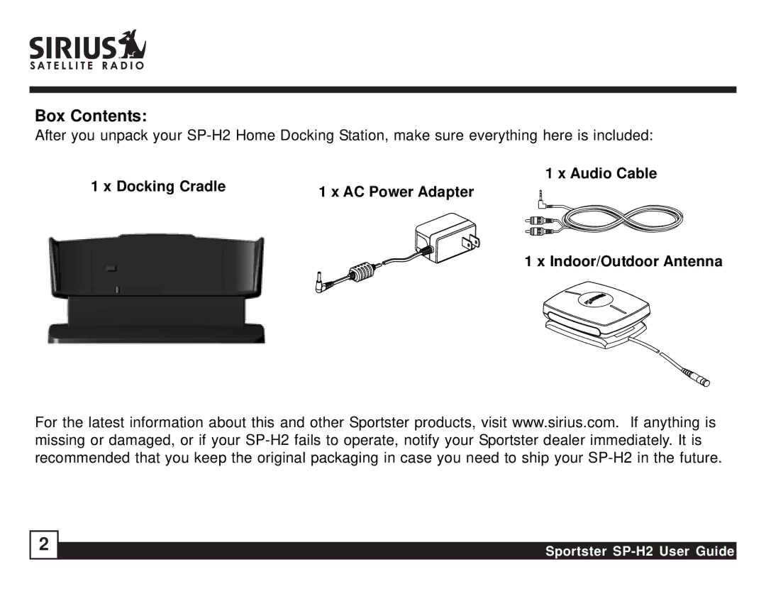 Sirius Satellite Radio SP-H2 manual Box Contents 