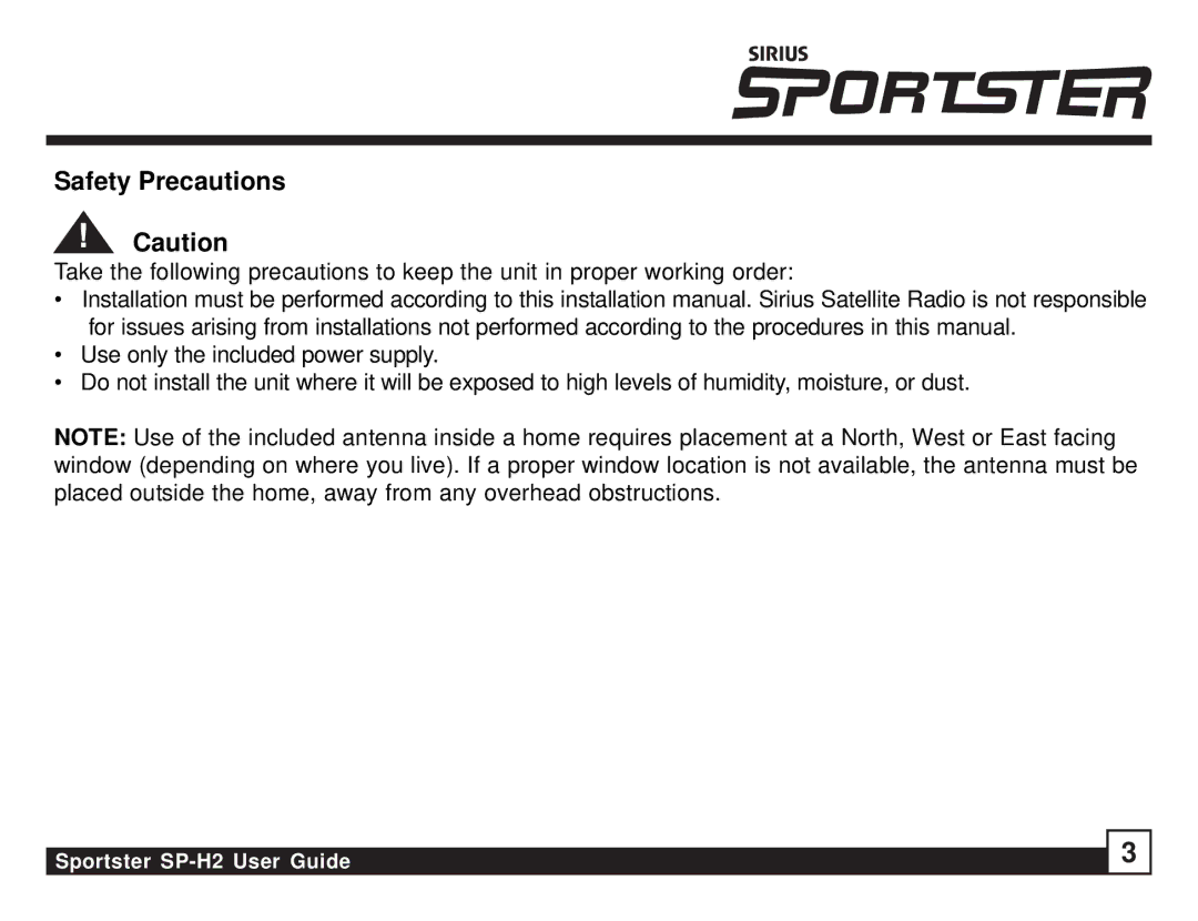 Sirius Satellite Radio SP-H2 manual Safety Precautions 