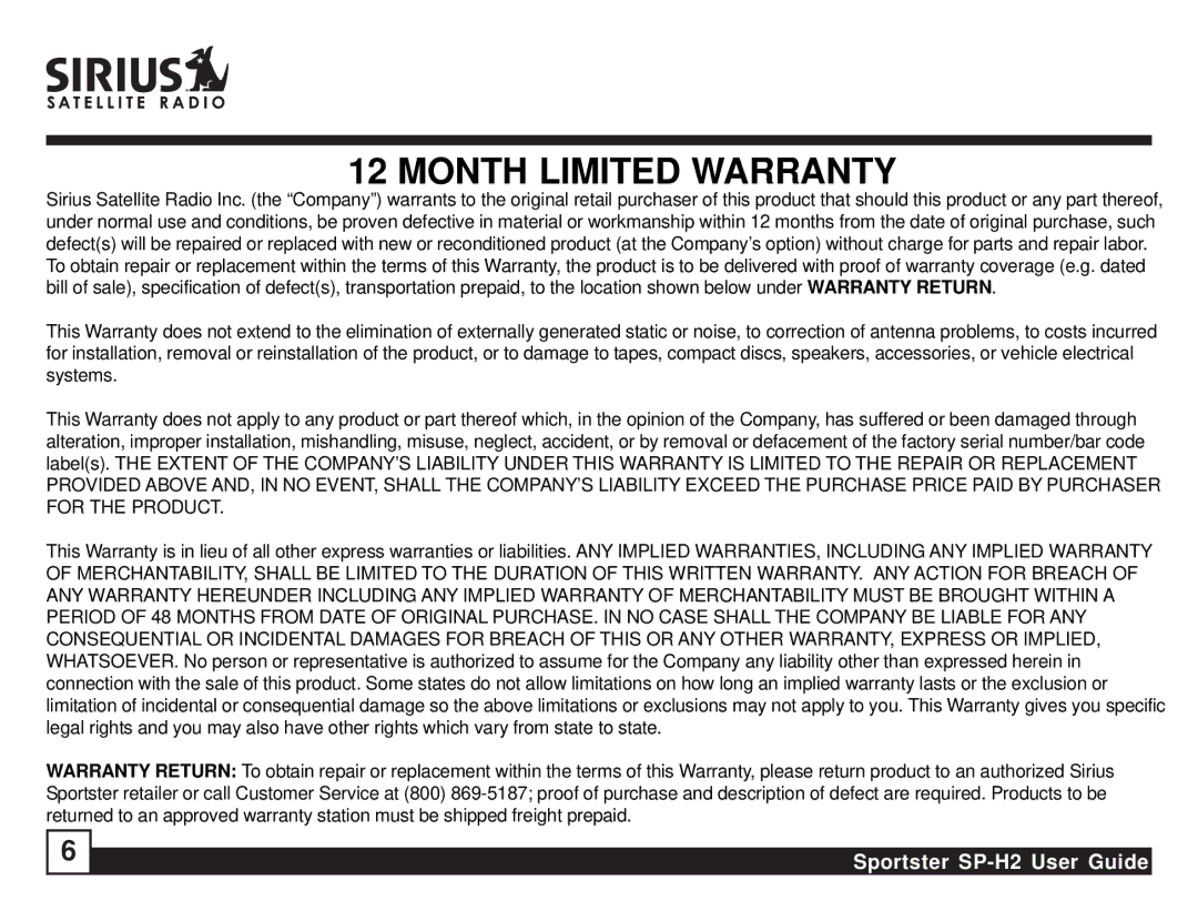 Sirius Satellite Radio SP-H2 manual Month Limited Warranty 