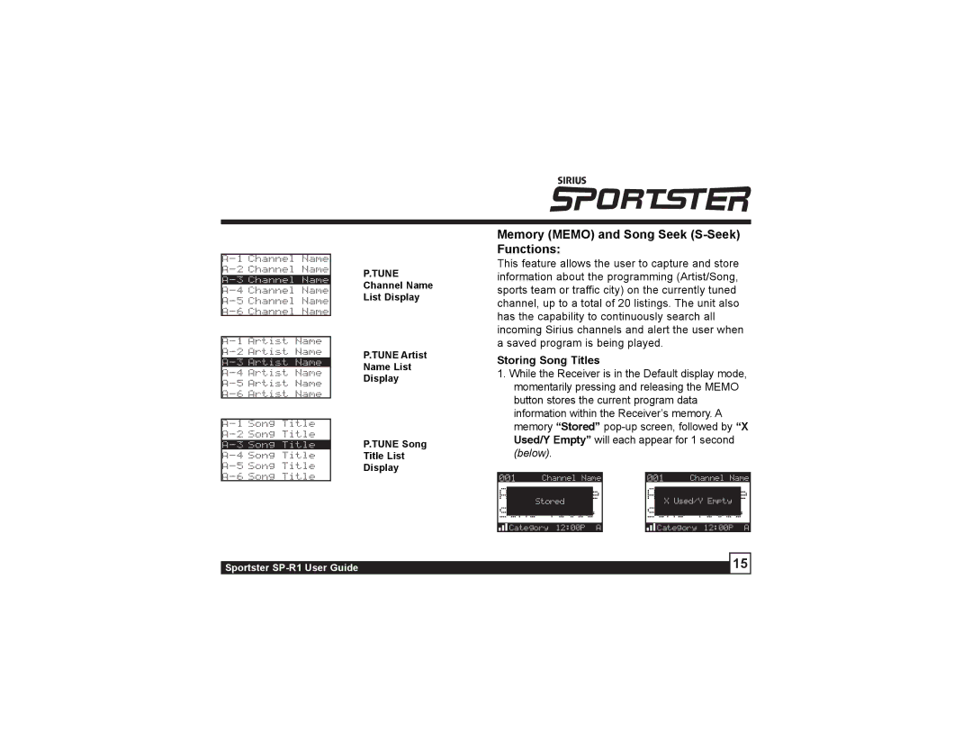 Sirius Satellite Radio SP-R1 manual Memory Memo and Song Seek S-Seek Functions, Storing Song Titles 