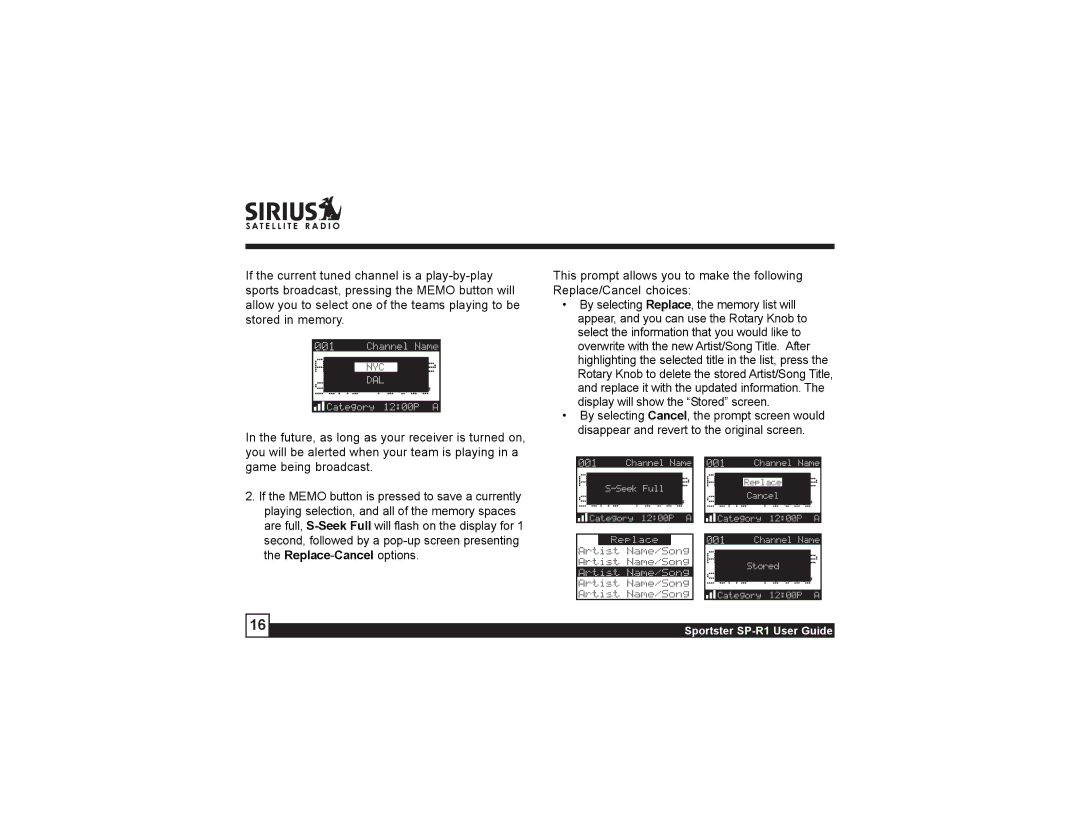 Sirius Satellite Radio manual Sportster SP-R1 User Guide 