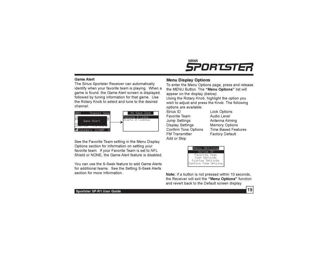 Sirius Satellite Radio SP-R1 manual Menu Display Options, Game Alert 