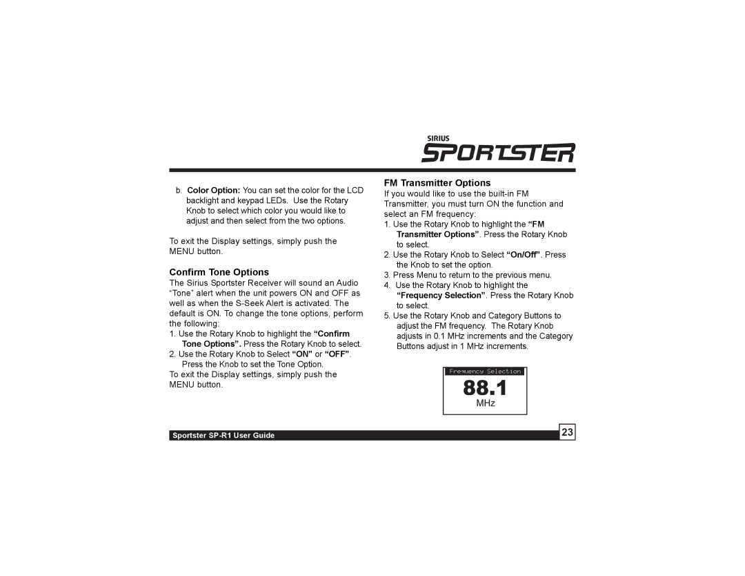 Sirius Satellite Radio SP-R1 manual Confirm Tone Options, FM Transmitter Options 