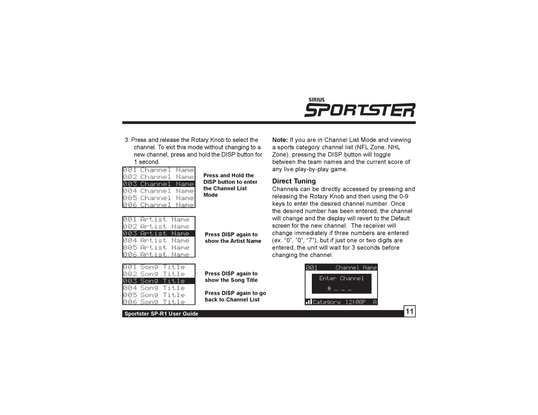 Sirius Satellite Radio SP-R1 manual Direct Tuning 