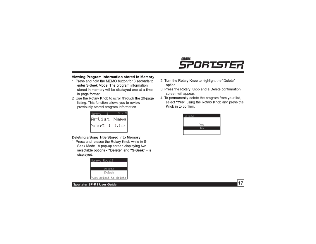 Sirius Satellite Radio SP-R1 manual Viewing Program Information stored in Memory, Deleting a Song Title Stored into Memory 