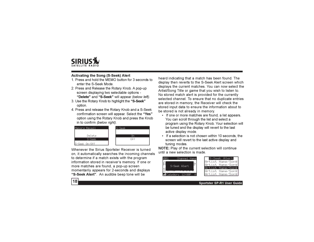 Sirius Satellite Radio SP-R1 manual Activating the Song S-Seek Alert 