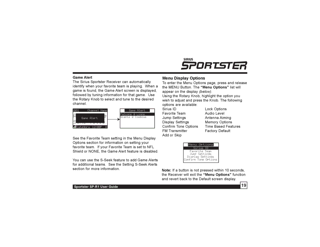 Sirius Satellite Radio SP-R1 manual Menu Display Options, Game Alert 