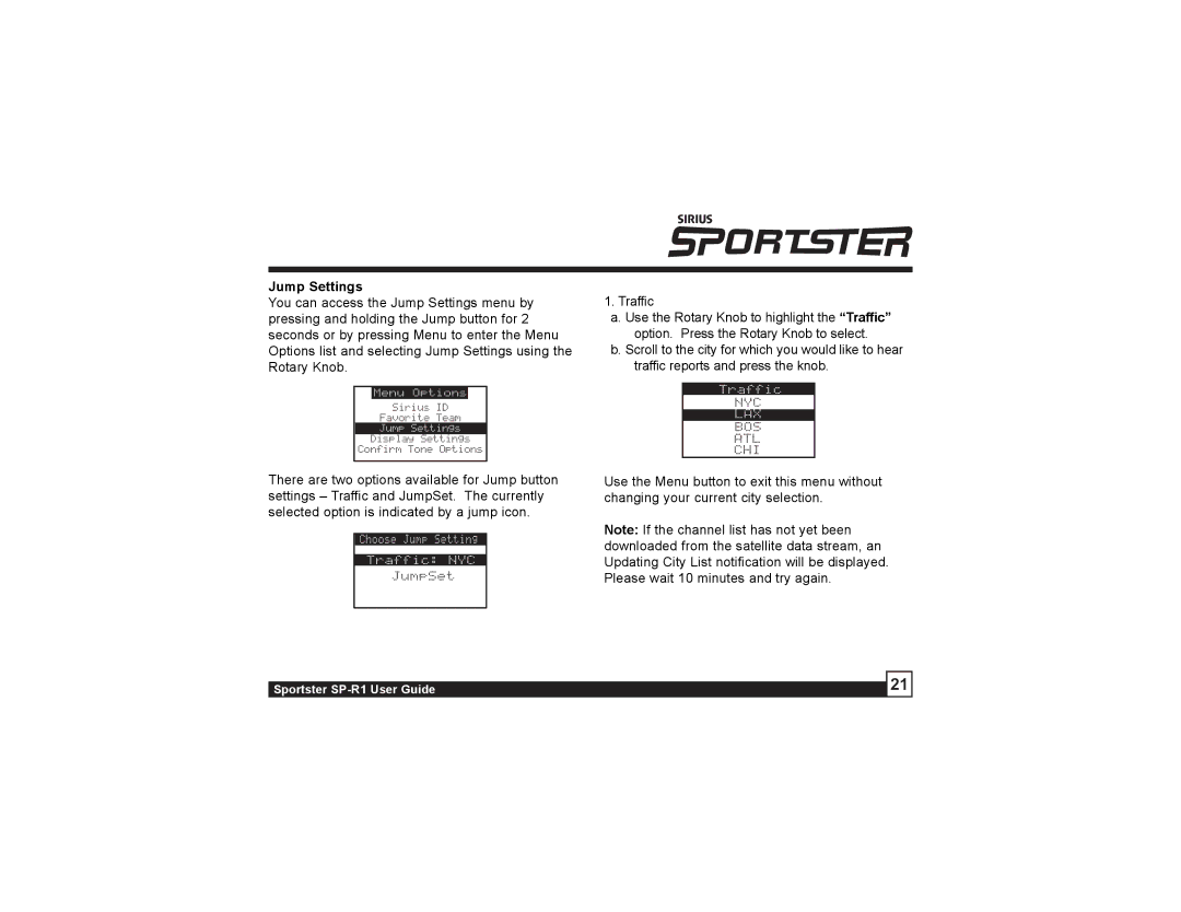 Sirius Satellite Radio SP-R1 manual Jump Settings 