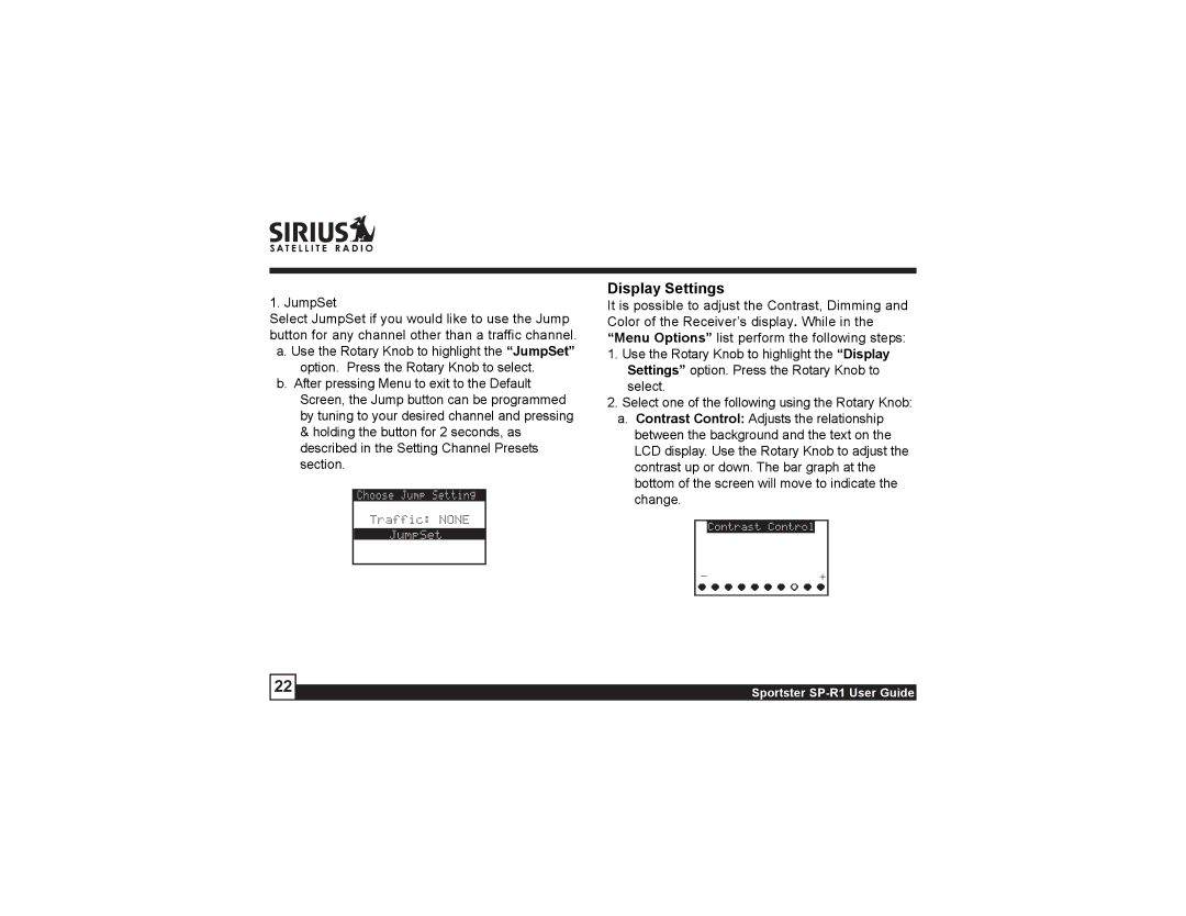 Sirius Satellite Radio SP-R1 manual Display Settings, JumpSet 