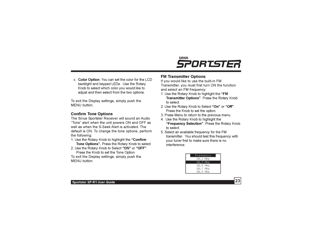 Sirius Satellite Radio SP-R1 manual Confirm Tone Options, FM Transmitter Options 