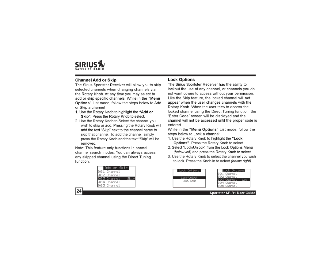 Sirius Satellite Radio SP-R1 manual Channel Add or Skip, Lock Options 