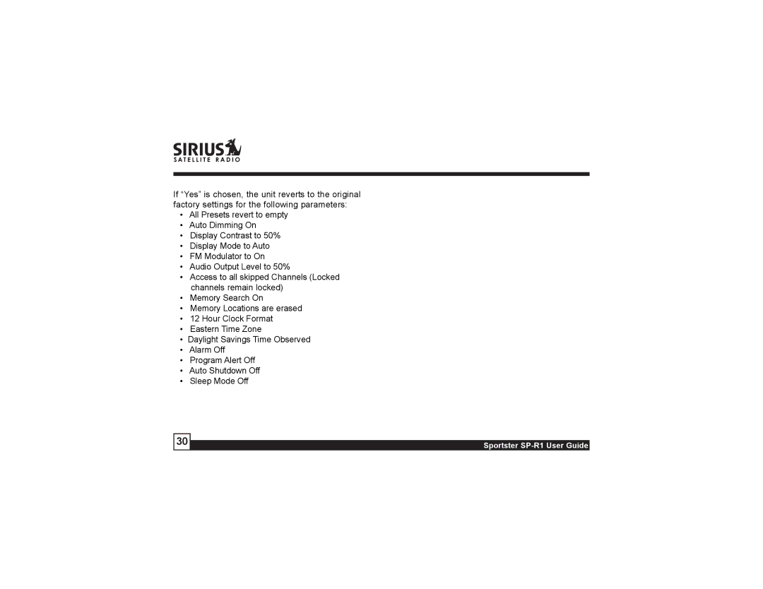 Sirius Satellite Radio manual Sportster SP-R1 User Guide 