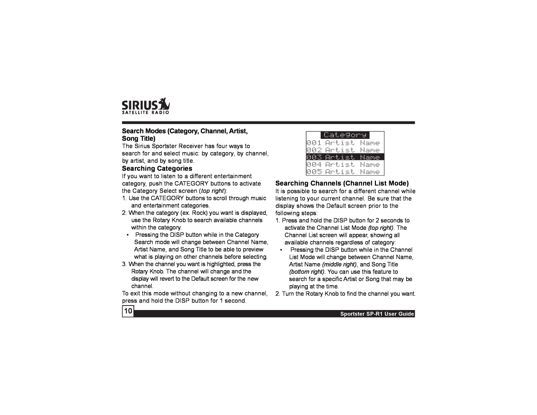 Sirius Satellite Radio SP-R1 manual Searching Categories, Searching Channels Channel List Mode 