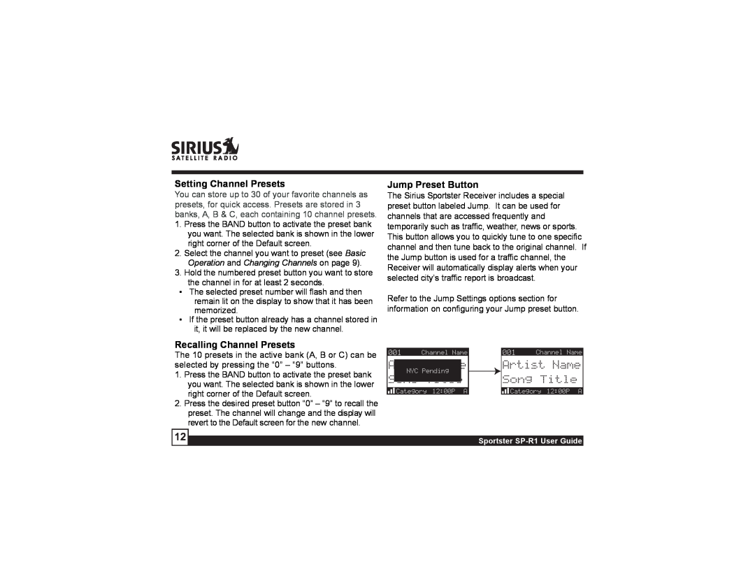 Sirius Satellite Radio SP-R1 manual Setting Channel Presets, Jump Preset Button, Recalling Channel Presets 