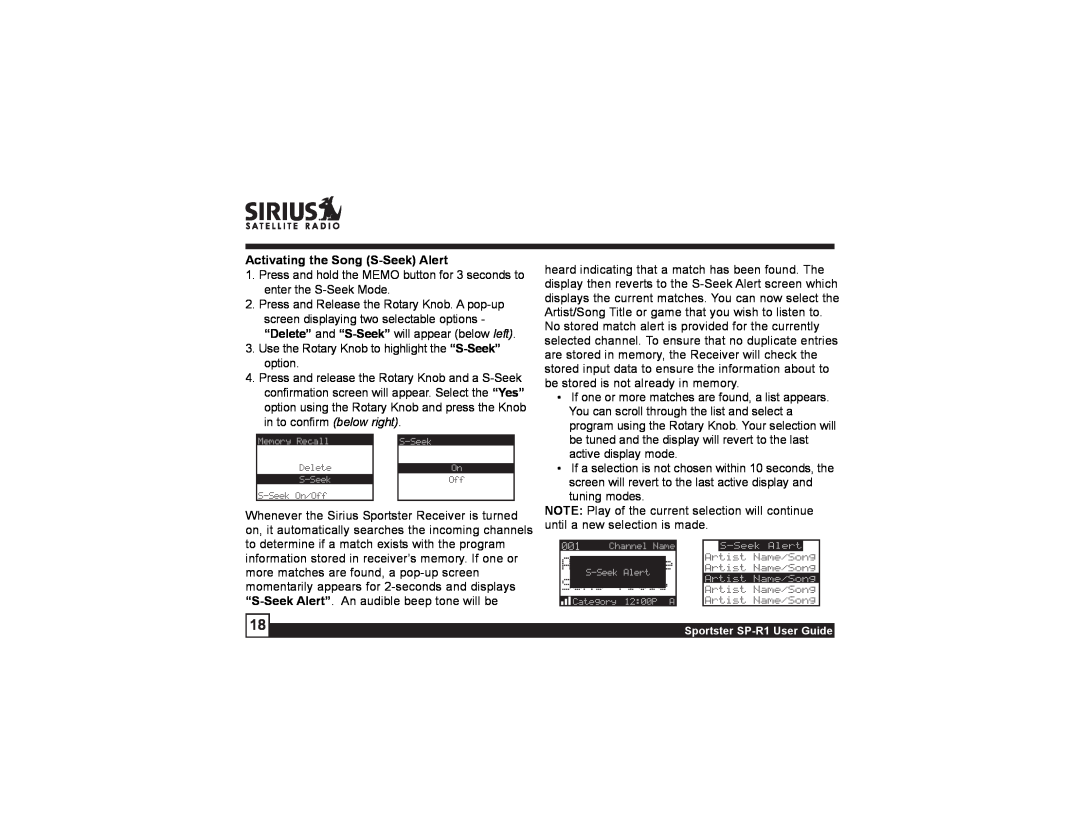 Sirius Satellite Radio SP-R1 manual Activating the Song S-SeekAlert 