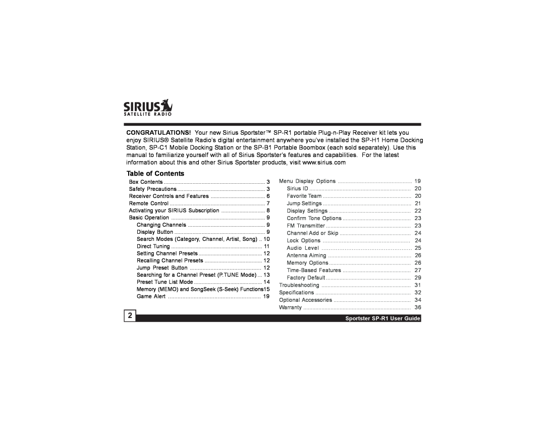 Sirius Satellite Radio manual Table of Contents, Sportster SP-R1User Guide 