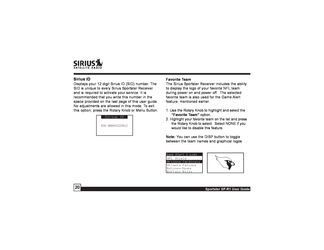 Sirius Satellite Radio SP-R1 manual Sirius ID, Favorite Team 