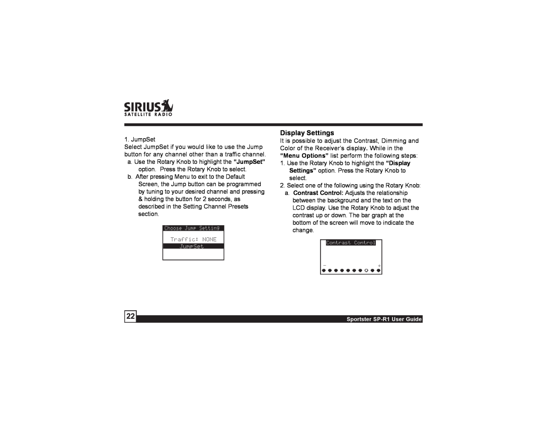 Sirius Satellite Radio SP-R1 manual Display Settings 