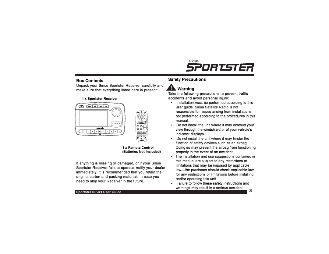 Sirius Satellite Radio SP-R1 manual Box Contents, Safety Precautions 