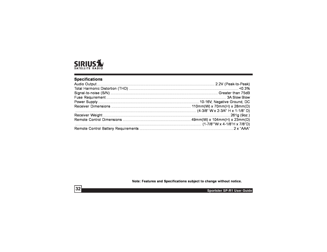 Sirius Satellite Radio SP-R1 manual Specifications 