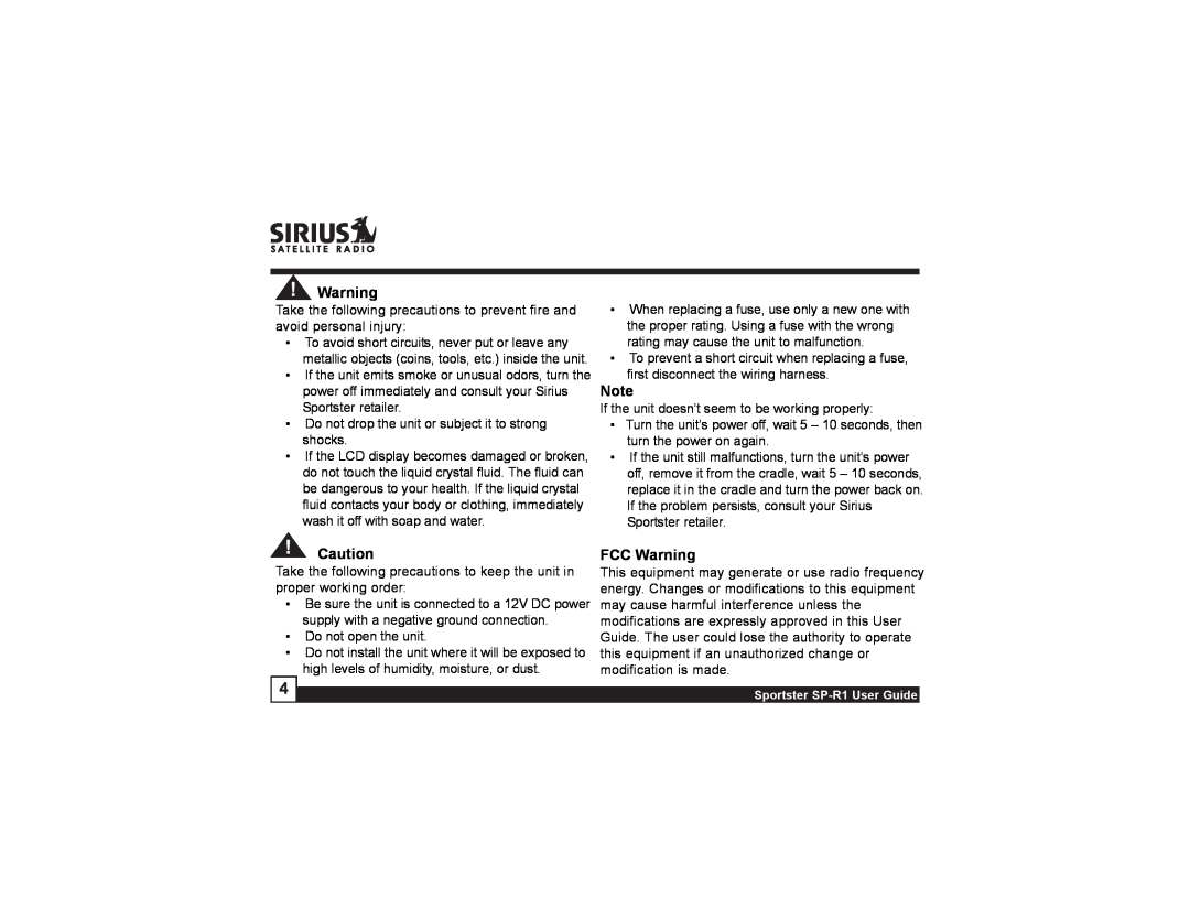 Sirius Satellite Radio SP-R1 manual FCC Warning 