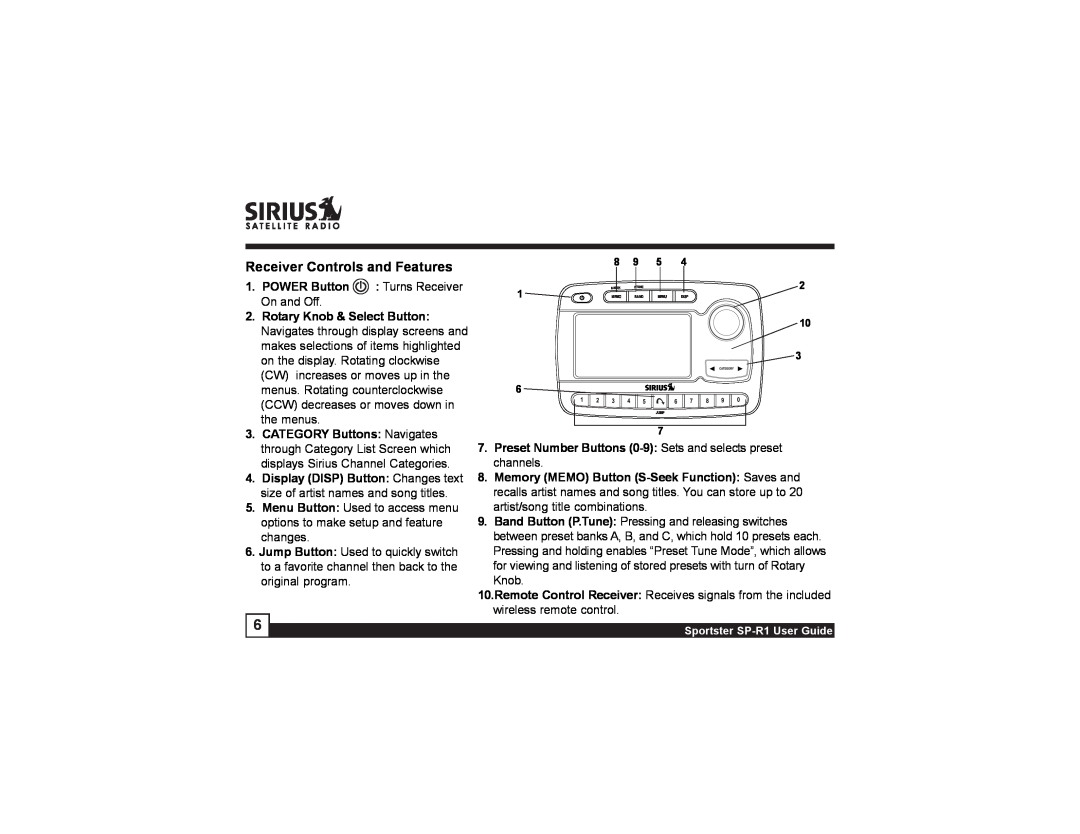 Sirius Satellite Radio SP-R1 manual Receiver Controls and Features, POWER Button, Rotary Knob & Select Button 