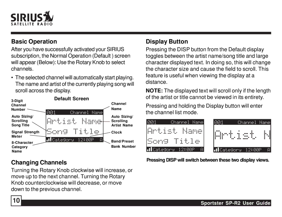 Sirius Satellite Radio SP-R2 manual Basic Operation, Display Button, Changing Channels 