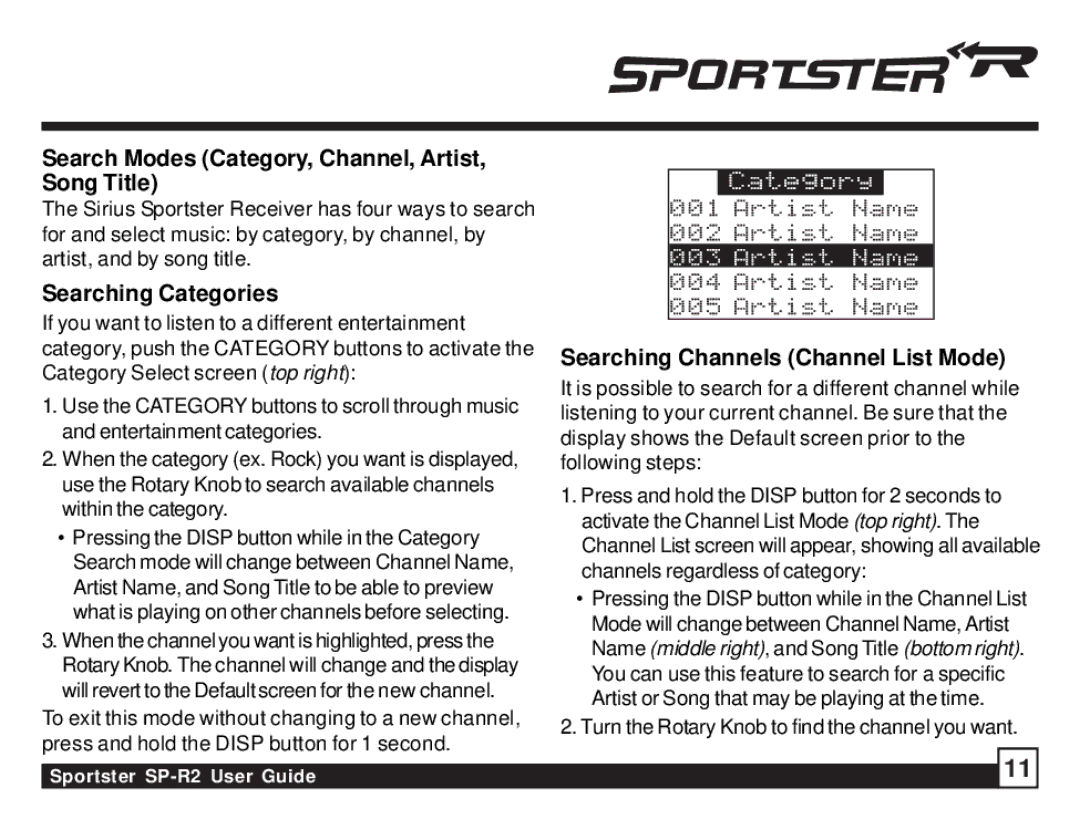 Sirius Satellite Radio SP-R2 manual Search Modes Category, Channel, Artist Song Title, Searching Categories 