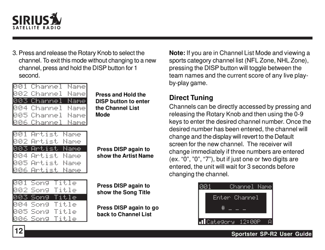 Sirius Satellite Radio SP-R2 manual Direct Tuning 