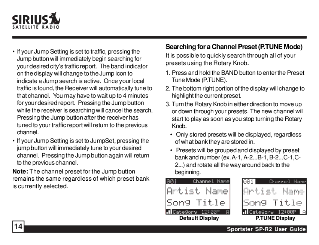 Sirius Satellite Radio SP-R2 manual Searching for a Channel Preset P.TUNE Mode 