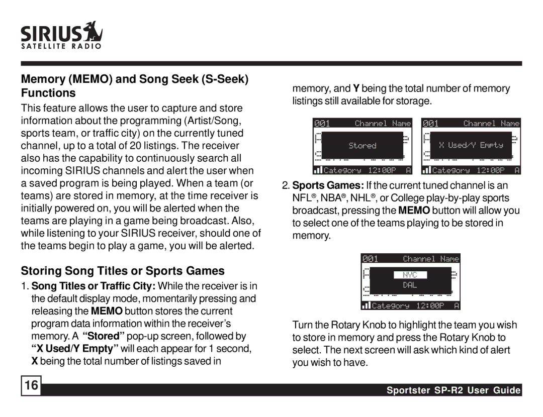 Sirius Satellite Radio SP-R2 manual Memory Memo and Song Seek S-Seek Functions, Storing Song Titles or Sports Games 