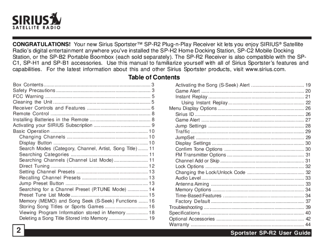 Sirius Satellite Radio SP-R2 manual Table of Contents 