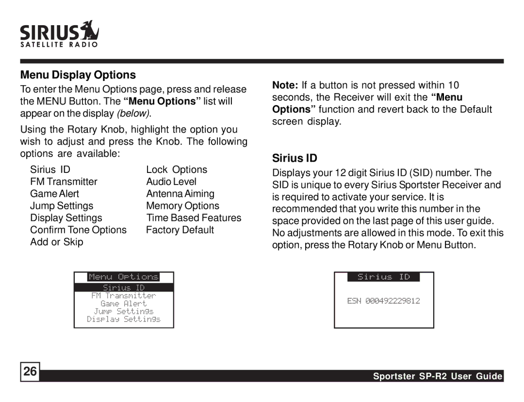 Sirius Satellite Radio SP-R2 manual Menu Display Options, Sirius ID, Confirm Tone Options Factory Default Add or Skip 