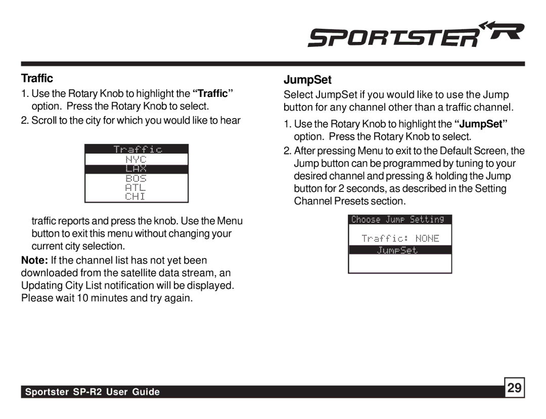 Sirius Satellite Radio SP-R2 manual Traffic, JumpSet 