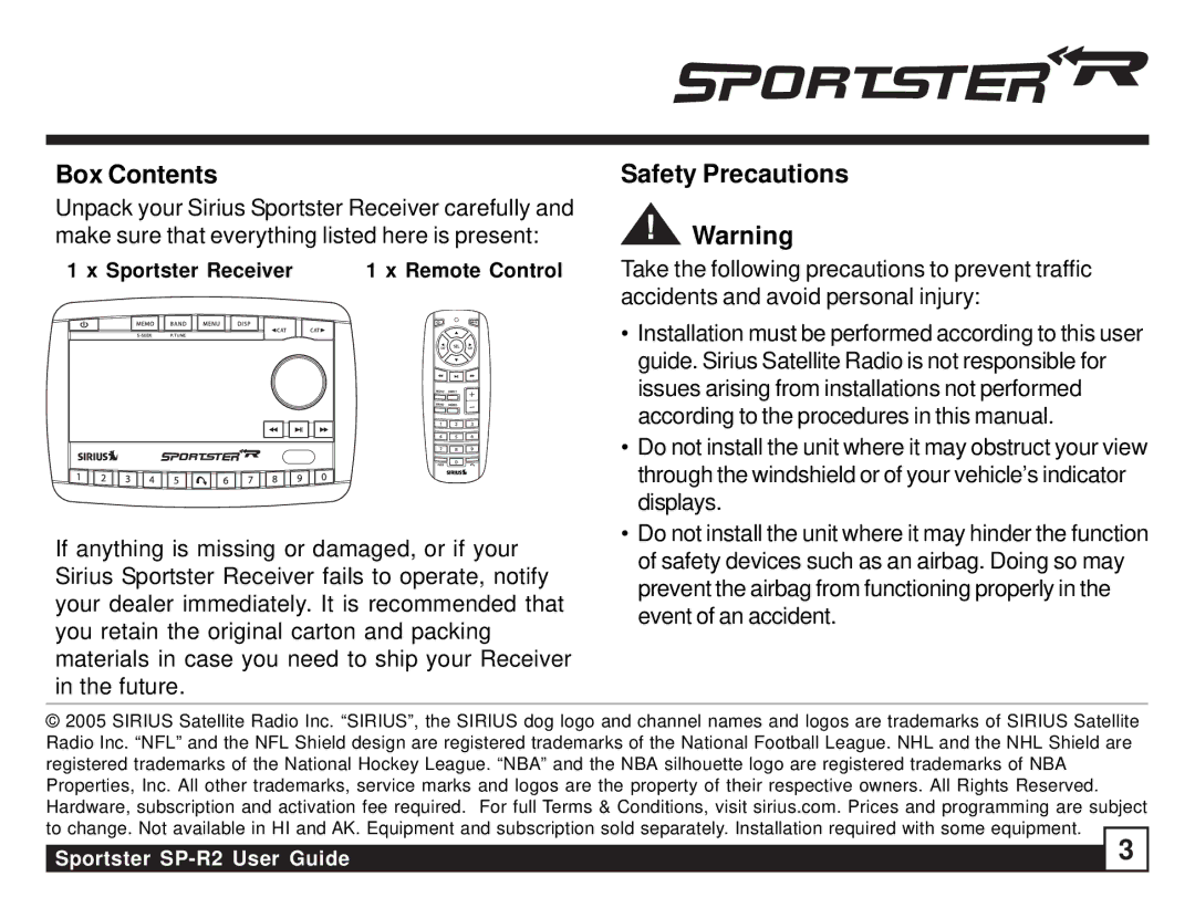 Sirius Satellite Radio SP-R2 manual Box Contents, Safety Precautions 