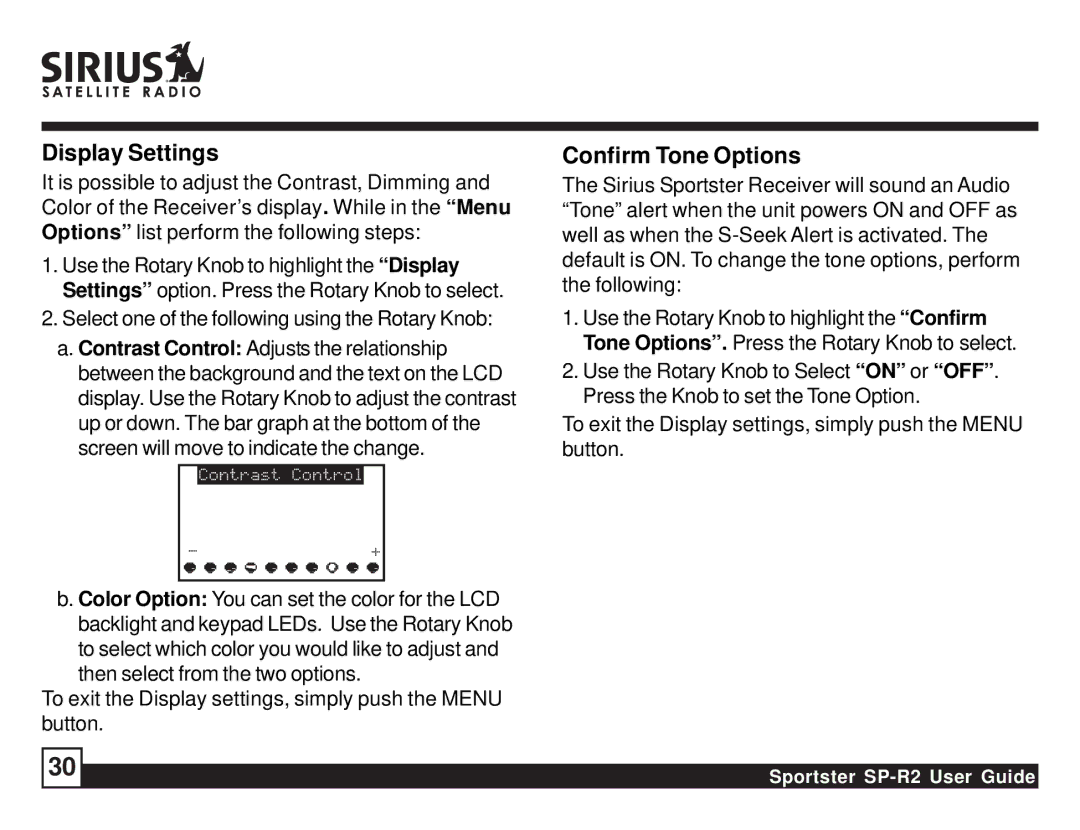 Sirius Satellite Radio SP-R2 Display Settings, Confirm Tone Options, Select one of the following using the Rotary Knob 