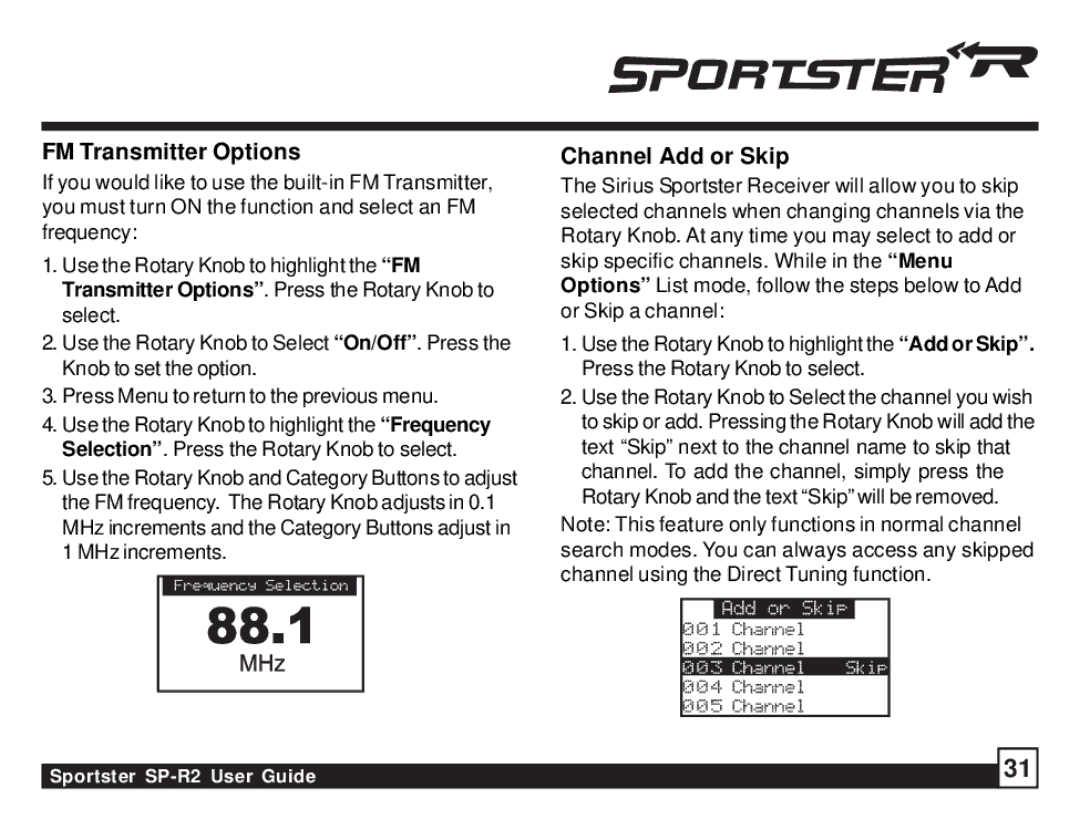 Sirius Satellite Radio SP-R2 manual FM Transmitter Options, Channel Add or Skip 