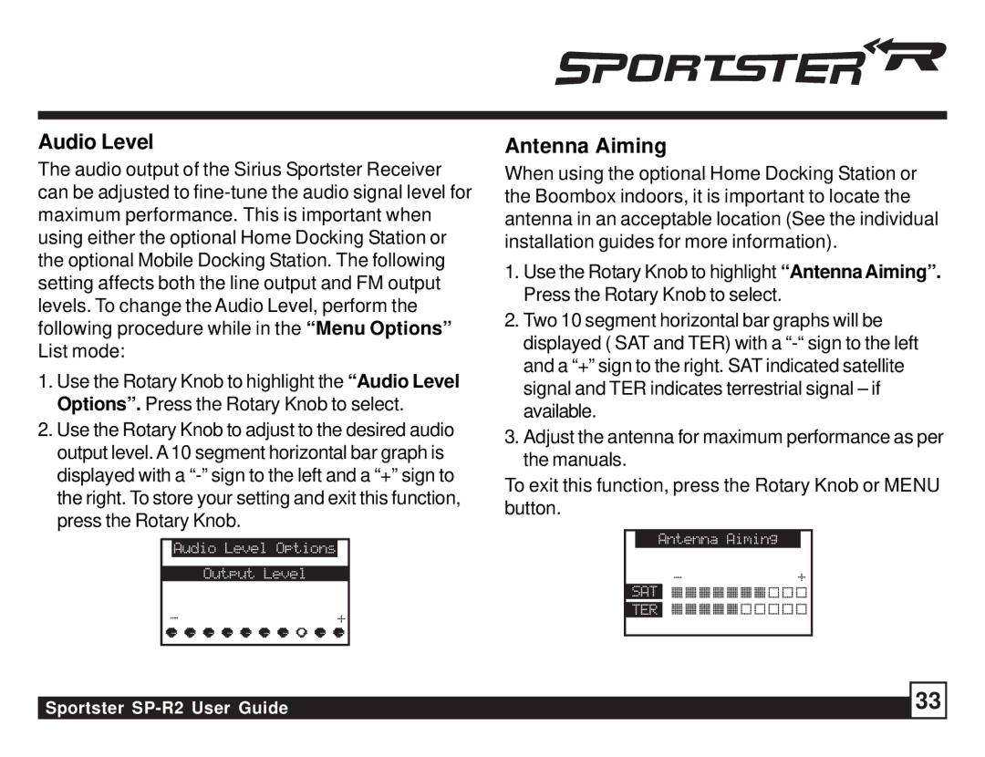 Sirius Satellite Radio SP-R2 manual Audio Level, Antenna Aiming 