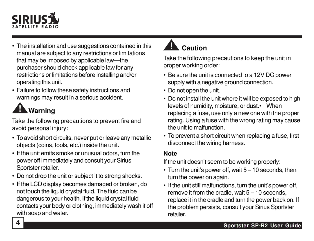 Sirius Satellite Radio manual Sportster SP-R2 User Guide 