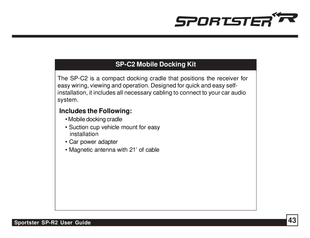 Sirius Satellite Radio SP-R2 manual SP-C2 Mobile Docking Kit 