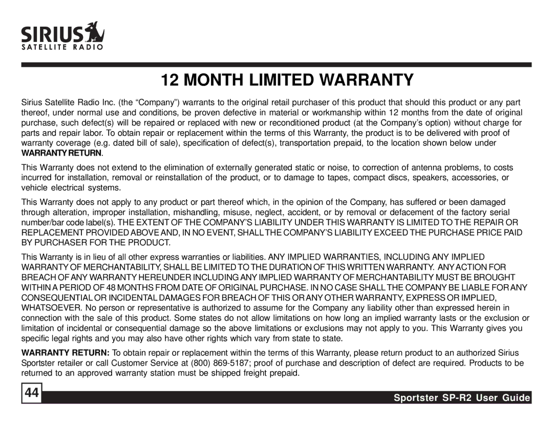 Sirius Satellite Radio SP-R2 manual Month Limited Warranty 